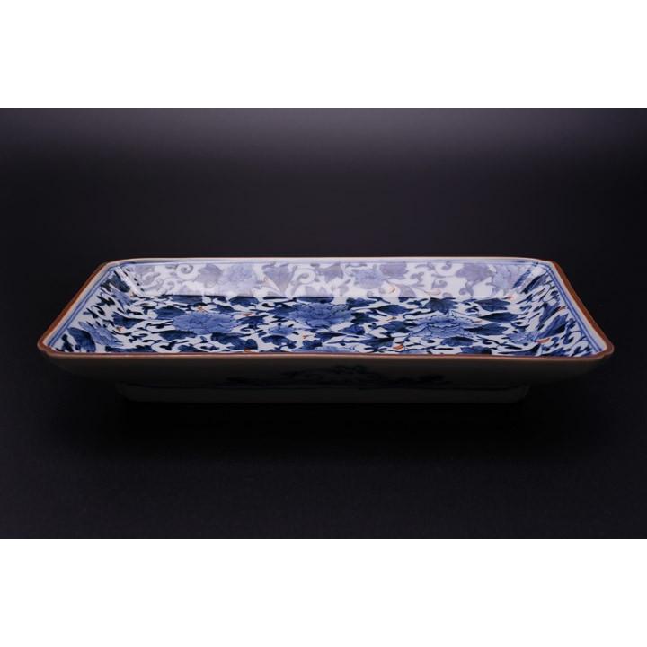 九谷焼 長角皿 色絵牡丹唐草/山本長左（宮内庁御用窯） 送料無料 和