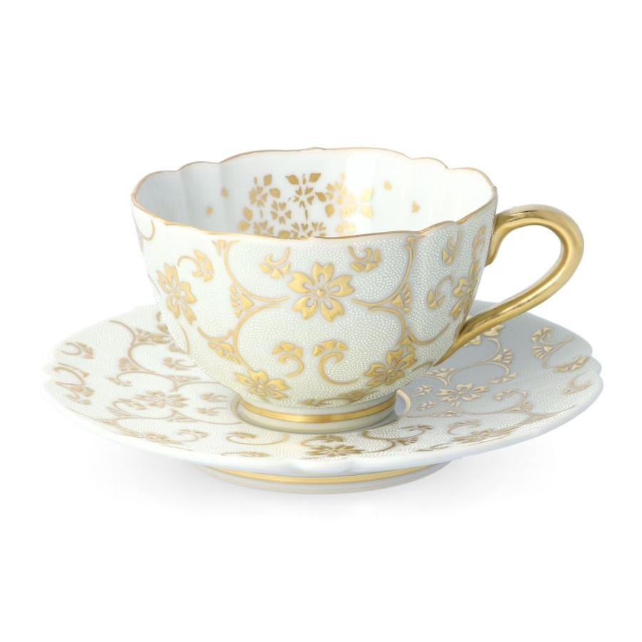 九谷焼 コーヒーカップ＆ソーサー 盛金桜花唐草文 白粒 仲田錦玉 送料