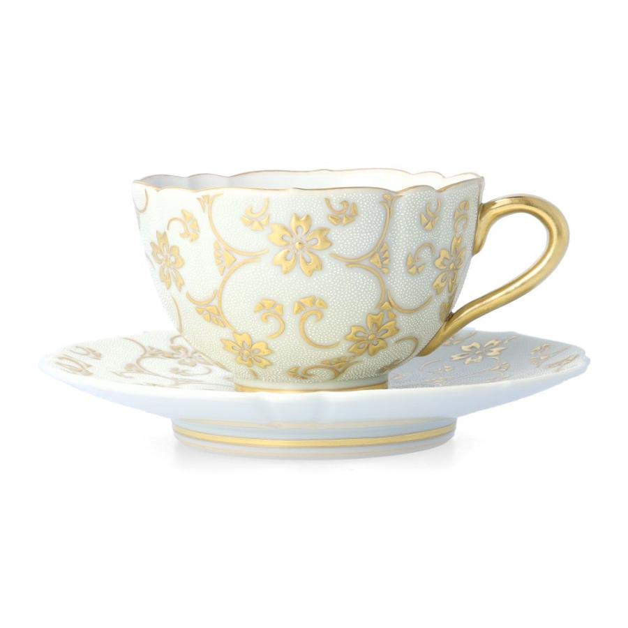 九谷焼 コーヒーカップ＆ソーサー 盛金桜花唐草文 白粒 仲田錦玉 送料