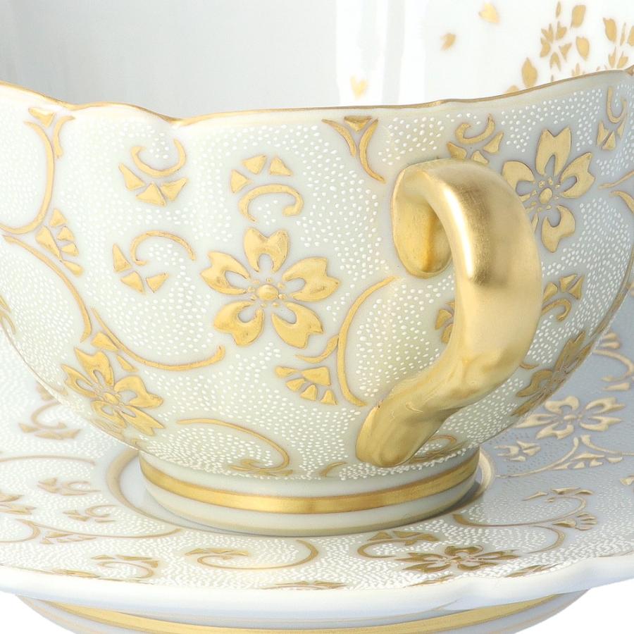 九谷焼 コーヒーカップ＆ソーサー 盛金桜花唐草文 白粒 仲田錦玉 送料