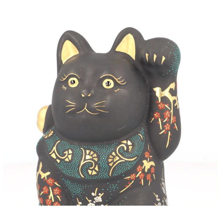 招き猫 九谷焼 青絵 陶器 置物 レトロ インテリア 縁起物　猫 ネコ 九谷焼 招き猫 白金盛紅白梅図青粒（立札 台付 桐箱入） / 仲田錦玉