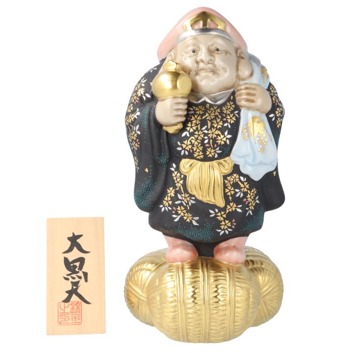 九谷焼 大黒天 白金盛枝垂れ桜図青白粒 俵：金/仲田錦玉（立札付 