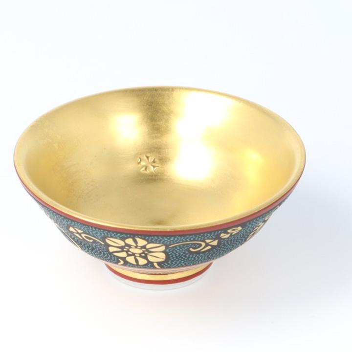 九谷焼 酒盃 盛金鉄線唐草文 青粒 / 仲田錦玉 ｜ 桐箱入り 酒器 盃