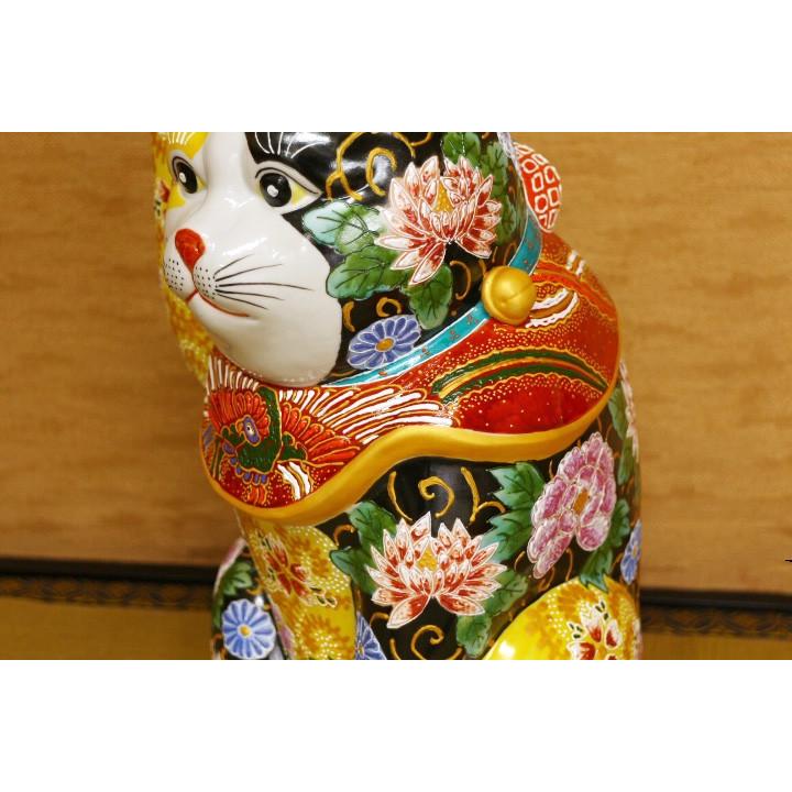 九谷焼 12号招猫（右）黄黒華盛｜置物 縁起物 招き猫 人気 ギフト