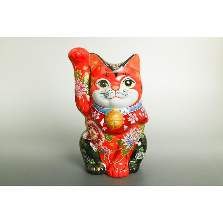九谷焼 8号招猫 紅黒花盛 右手上 招き猫 置物 縁起物 人気 ギフト