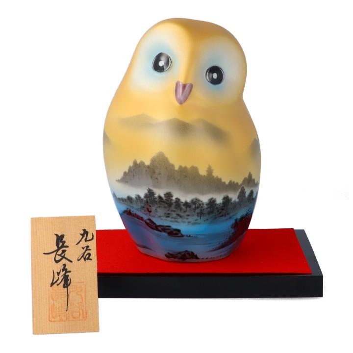 九谷焼 6号ふくろう 金彩山水（台・木札付）｜置物 縁起物 ふくろう 