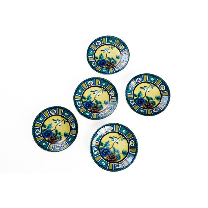 九谷焼 4.6号皿揃 吉田屋風間取牡丹に鳥/青郊窯 5枚セット和食器 皿