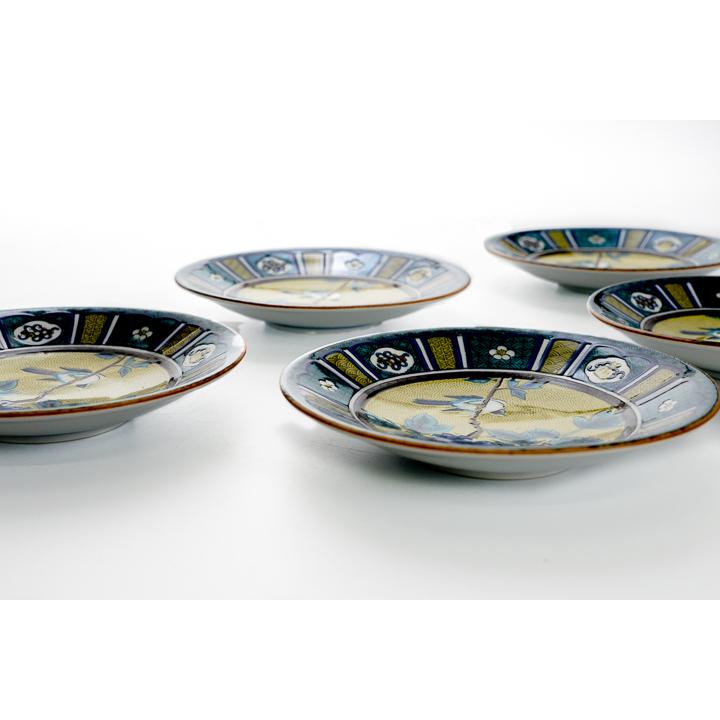 九谷焼　青郊窯　吉田屋風　丸紋間取花鳥　銘々皿　八角皿　小皿　５枚　皿揃　菓子皿 九谷焼 4号皿揃 吉田屋風丸紋間取花鳥/青郊窯 送料無料 和食器 皿 人気
