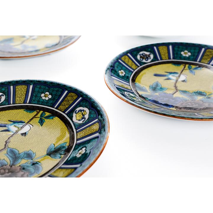 九谷焼 4.6号皿揃 吉田屋風間取牡丹に鳥/青郊窯 5枚セット和食器 皿