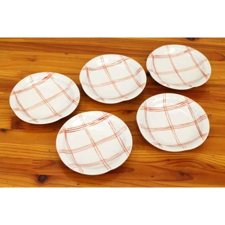 九谷焼 3号皿揃 赤格子 / 文吉窯 白い器 そメや 和食器 皿 小皿 豆皿