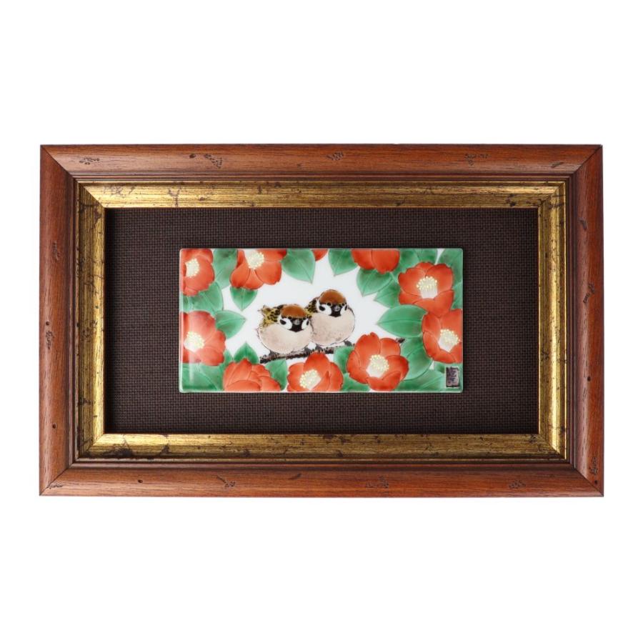 九谷焼 DB額（短冊小）椿二雀図/中村陶志人＜額縁 陶額 置物 額飾り