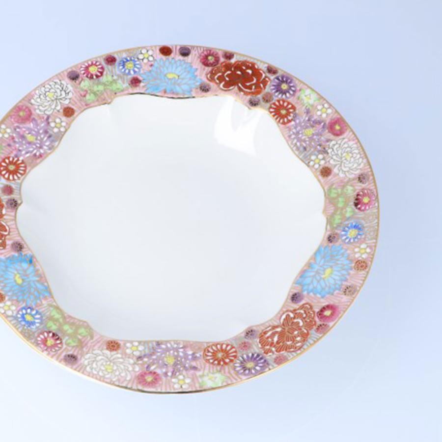 九谷焼 花詰リムプレート ピンク 大志窯 24cm 中皿 盛皿 リム皿 パスタ 