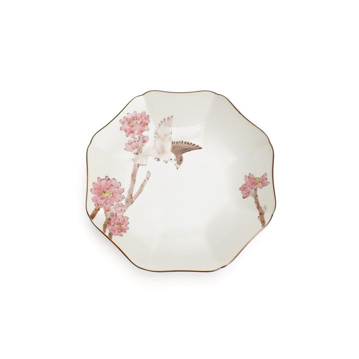 九谷焼 6号モッコ皿 八角皿 桃花に雀（トウカにスズメ） / 山田義明 皿 