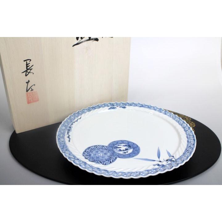 九谷焼 8.5号皿 青華双輪文/山本長左（宮内庁御用窯） 送料無料 和食器