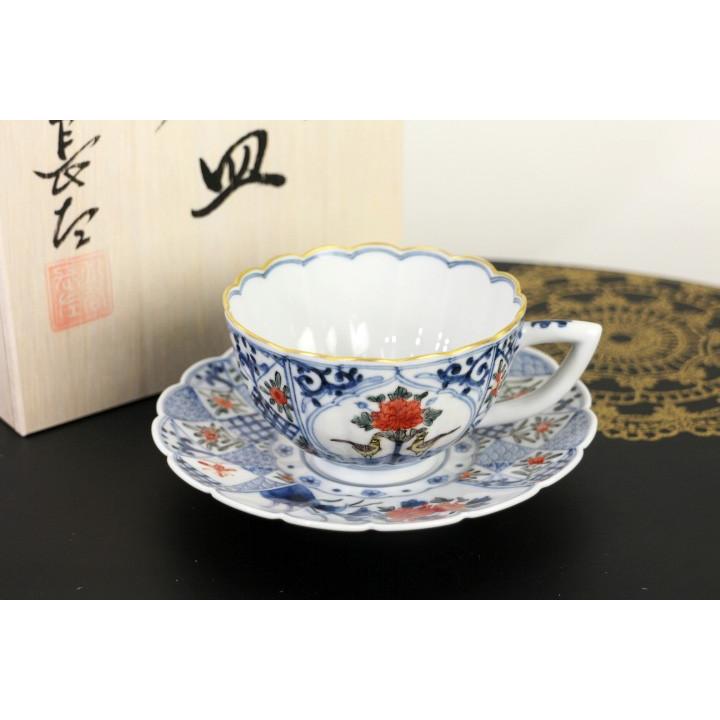 九谷焼 カップ＆ソーサー 色絵割取花鳥文/山本長左（宮内庁御用窯