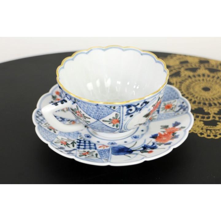 九谷焼 カップ＆ソーサー 色絵割取花鳥文/山本長左（宮内庁御用窯