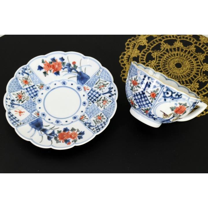 九谷焼 カップ＆ソーサー 色絵割取花鳥文 / 山本長左（宮内庁御用窯