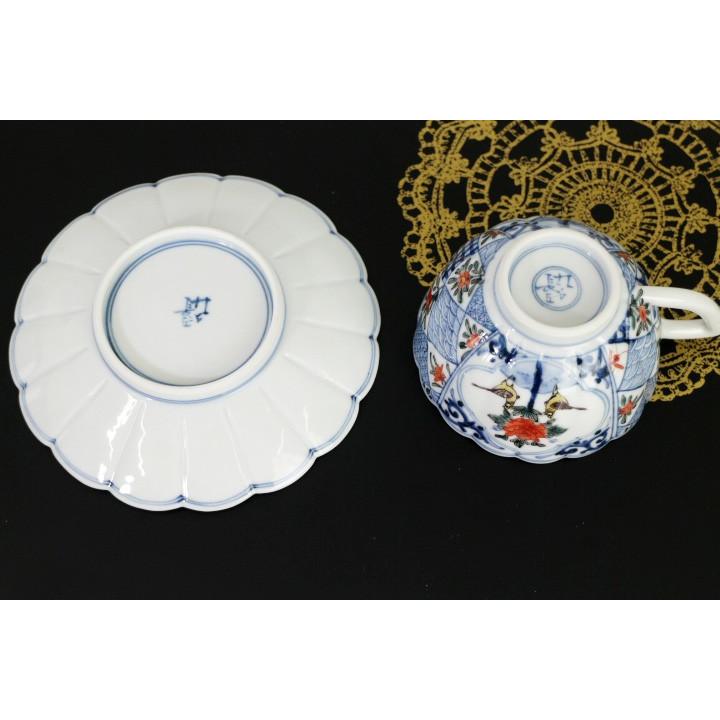 九谷焼 カップ＆ソーサー 色絵割取花鳥文/山本長左（宮内庁御用窯