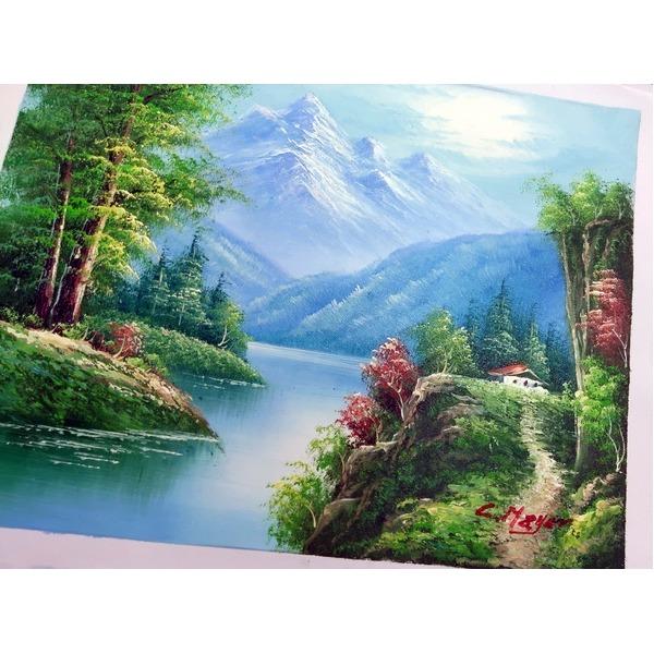 〔 風景油絵 〕 黒いフレーム 自然画 メイヤー油絵額 F6号サイズ 紘黒額 崇高な山々 油彩 油彩画 絵画額の画像