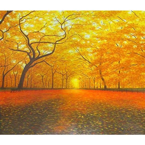 油彩 油絵画 洋画 (油彩写真立て付き添い人で納品相応う可) F4 「いちょう並木」 朝隈 敏彦