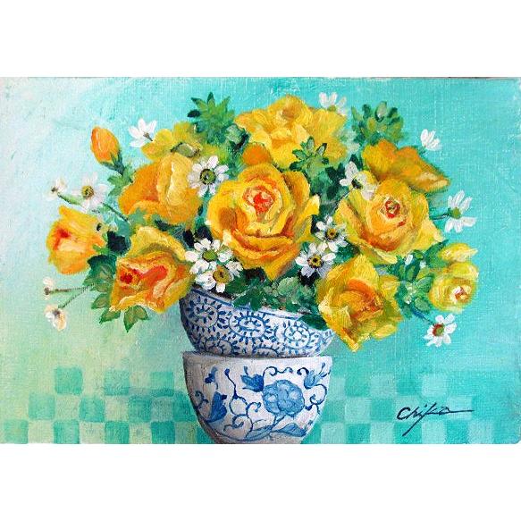 油彩画 洋画 (油絵額縁付きで納品対応可) F6号 「器と黄色いバラ」 内藤 千嘉
