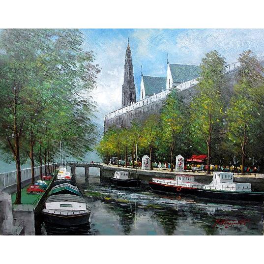 油彩画 洋画 (油絵額縁付きで納品対応可) F6号 「アムステルダムの運河」 中島 達幸