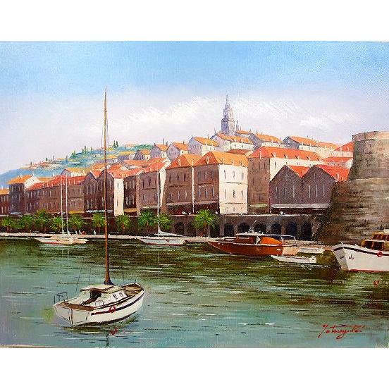 油彩画 洋画 (油絵額縁付きで納品対応可) P6号 「地中海の夏 コルチュラ