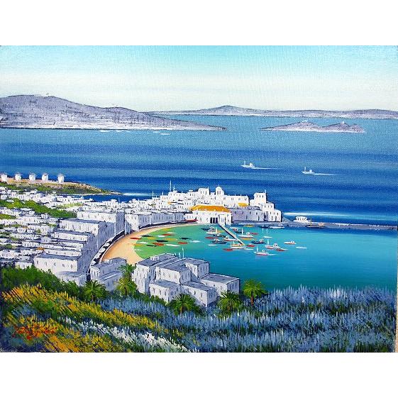 油彩画 洋画 (油絵額縁付きで納品対応可) P6号 「青い海のエーゲ海 ミコノス島」 中島 達幸