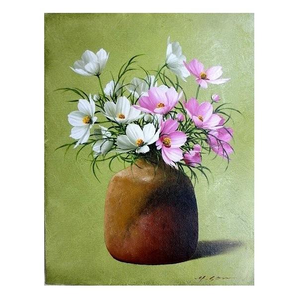 油絵 油彩画 洋画 (油絵額縁付きで納品対応可) F4号 「コスモス 花瓶」 安田 英明