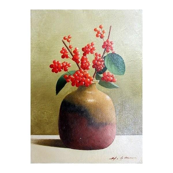 油絵 油彩画 洋画 (油絵額縁付きで納品対応可) M12号 「朱い実」 安田
