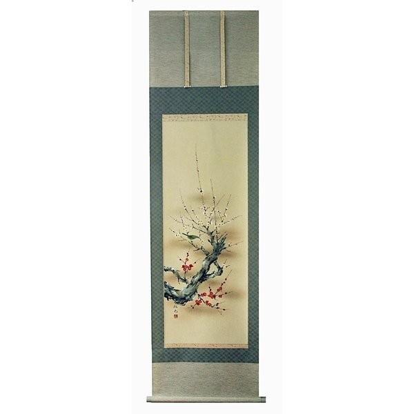 掛け軸 掛軸 純国産掛け軸 床の間 豊寿く画 年中掛け 「紅白梅に鶯」 奥田拓也作 尺五 桐箱付 日本画-絵画-美術、工芸品
