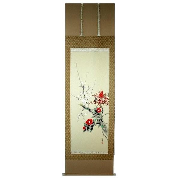 掛け軸 掛軸 純国産掛け軸 床の間 季節画 「早春三花」久芳白映作 尺五 桐箱付