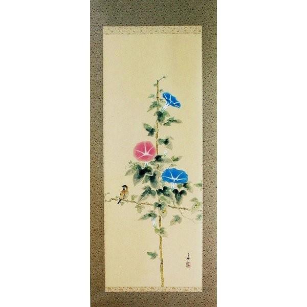 掛け軸 掛軸 純国産掛け軸 床の間 季節画 年中掛け 「 朝顔 」久芳白映作 尺五 桐箱付_1