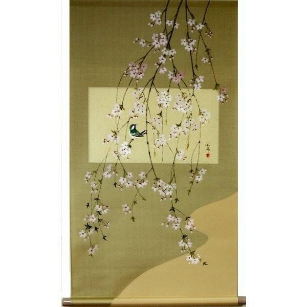 掛け軸 掛軸 純国産掛け軸 床の間 季節画 「枝垂桜」 大野紅節作 尺五横 桐箱付