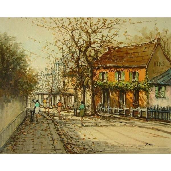 ヨーロッパ絵画 肉筆油絵 (額縁付きで納品対応可) サイズF6号 ニカル作 「パリの街角」