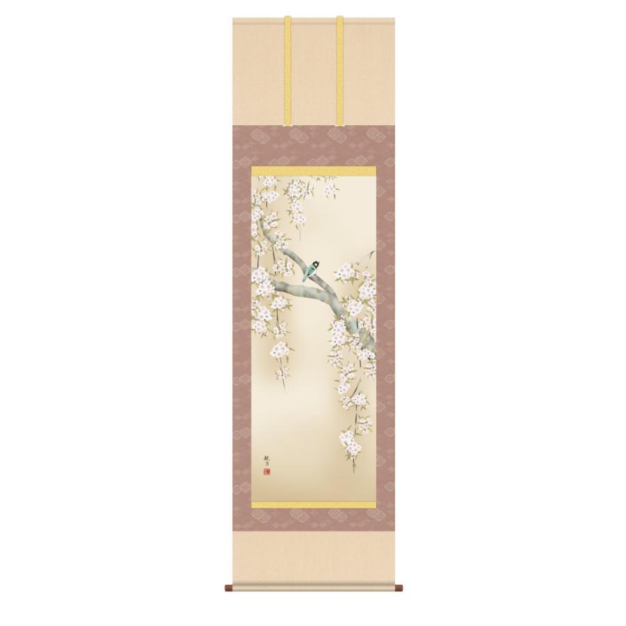 掛け軸 高精細巧芸画 純国産掛け軸 花鳥画 森山 観月 「桜花に小鳥」 尺五 オニックス風鎮 防虫香サービス