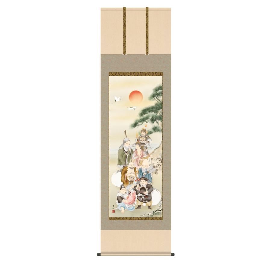 掛け軸 高精細巧芸画 純国産掛け軸 縁起画 緒方 葉水 「七福神」 尺五 オニックス風鎮 防虫香サービス