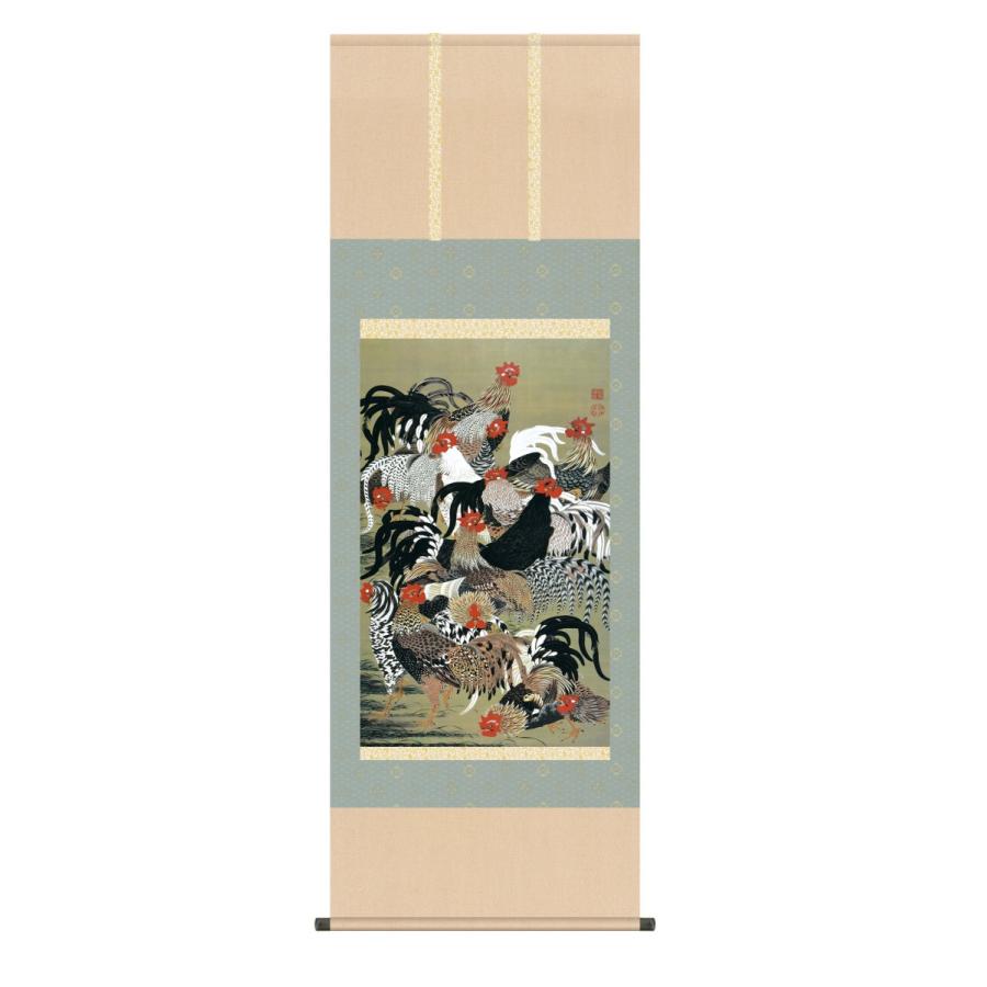 掛け軸 高精細巧芸画 純国産掛け軸 名作複製画 伊藤 若冲 「群鶏図」 尺五 オニックス風鎮 防虫香サービス