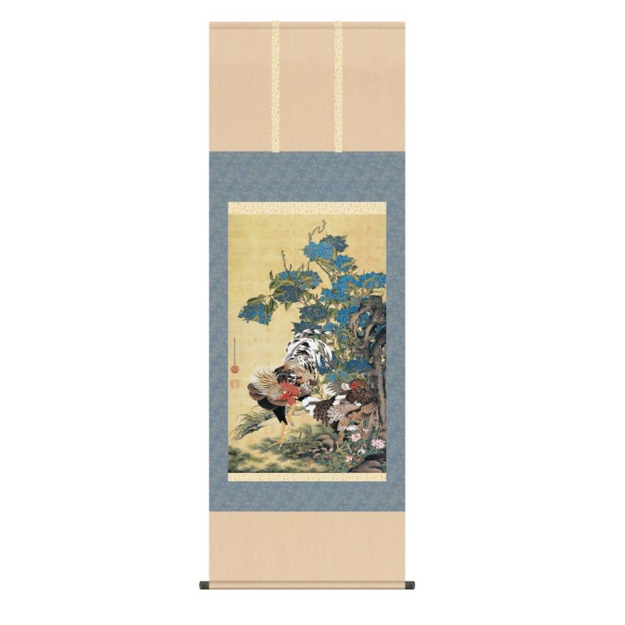 掛け軸 高精細巧芸画 純国産掛け軸 名作複製画 伊藤 若冲 「紫陽花双鶏図」 尺五 オニックス風鎮 防虫香サービス