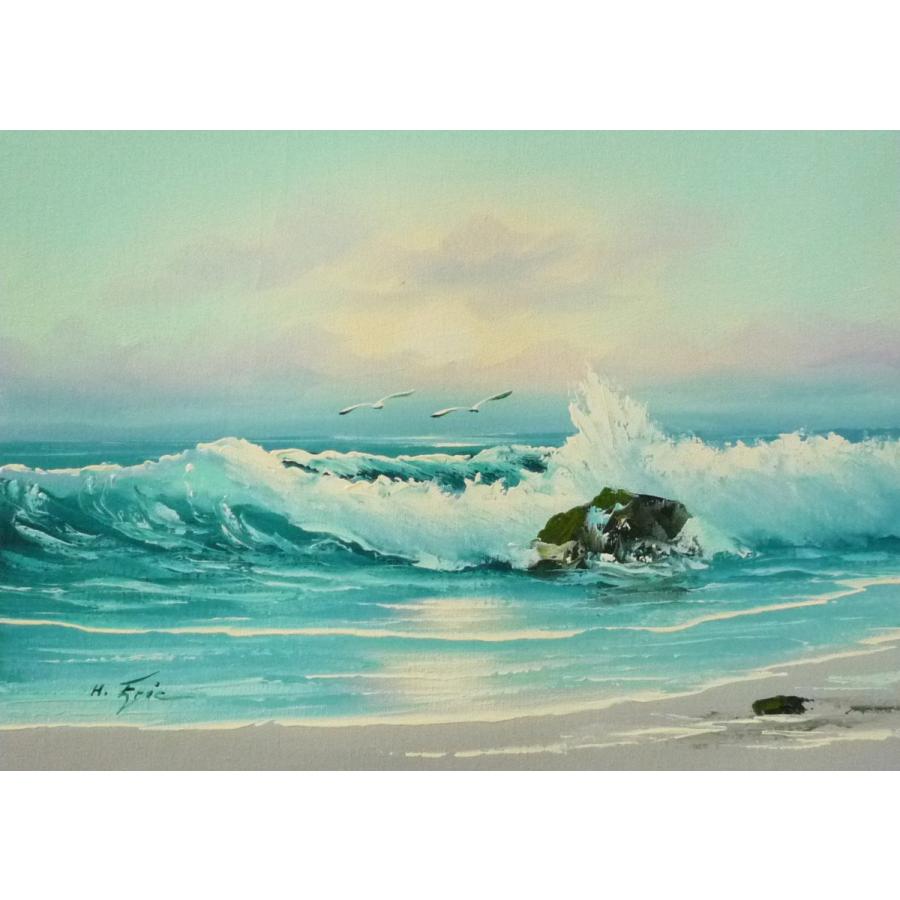 油彩画 洋画 肉筆油絵 F4号 「波 海 海景画」-35- 特価 : 東欧