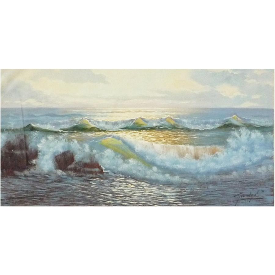 ヨーロッパ絵画 肉筆油絵 40X80 ジアルディーノ作 「朝焼けの海」1