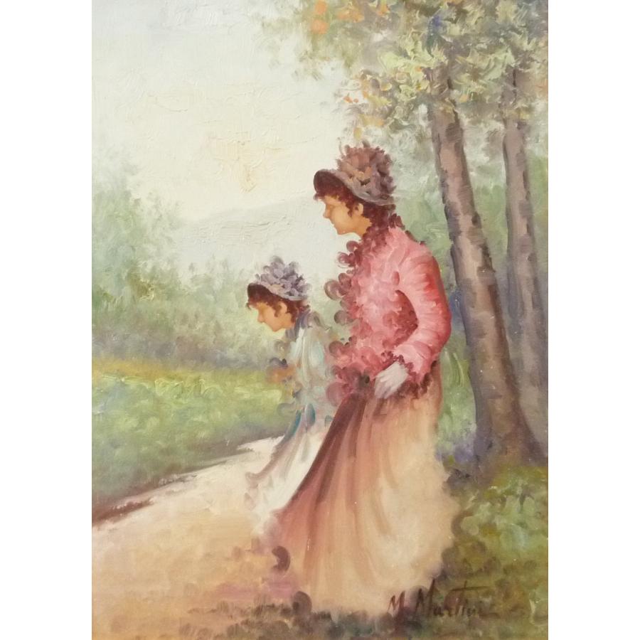 ヨーロッパ絵画 肉筆油絵 F4号 マルティニ作「散策」＋新品額縁付