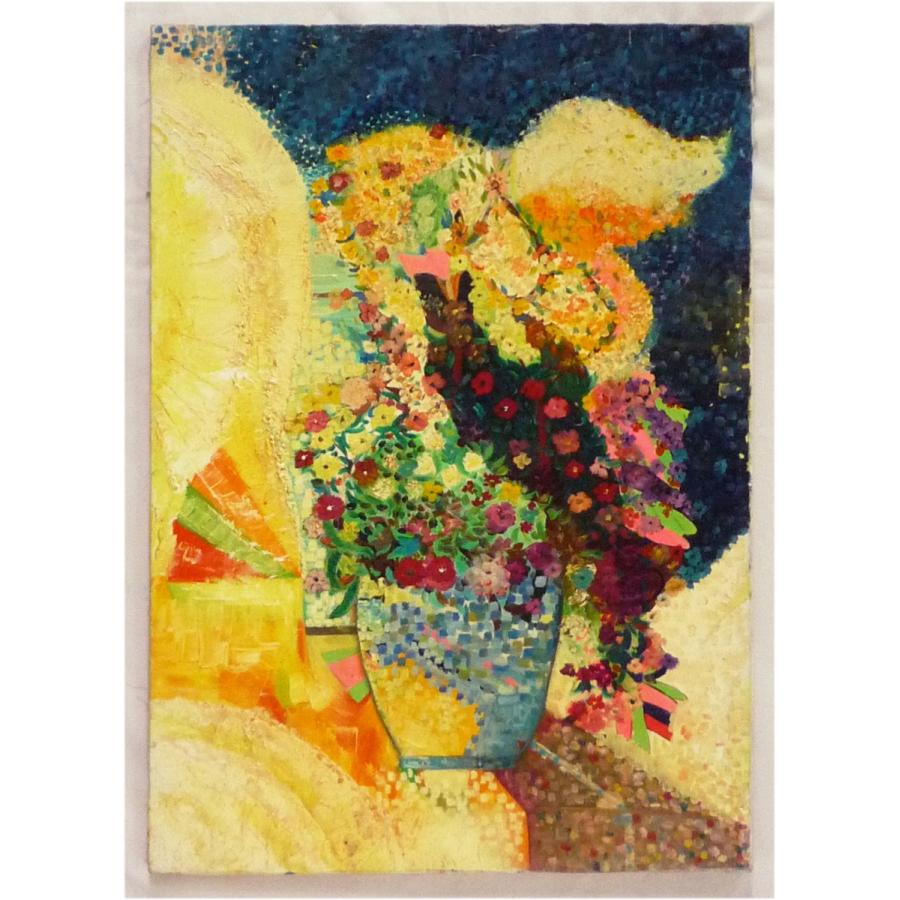 ヨーロッパ絵画 肉筆油絵 50X70 ジャノウ作 「花瓶の花」_1