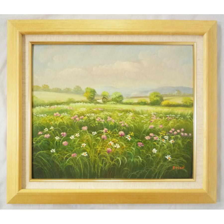 ヨーロッパ絵画 肉筆油絵 F8号 バスコ作「花畑」2＋新品額縁付