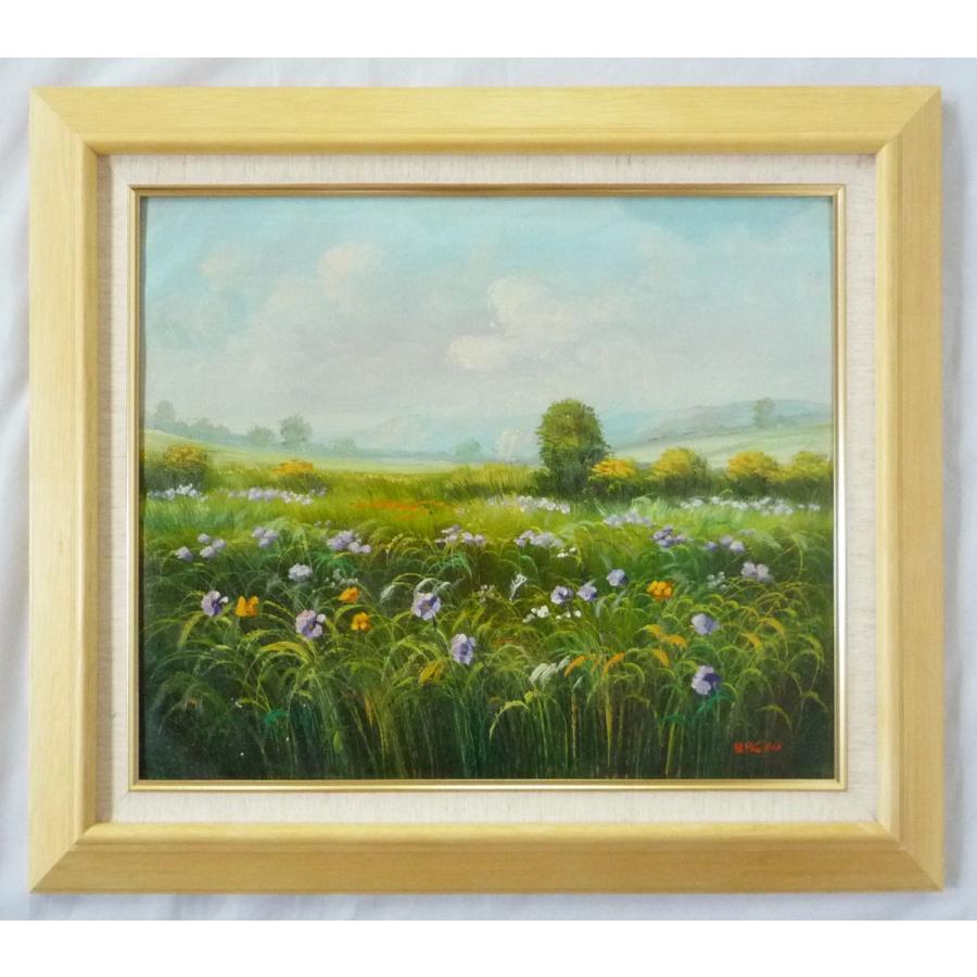 ヨーロッパ絵画 肉筆油絵 F8号 バスコ作「花畑」5＋新品額縁付