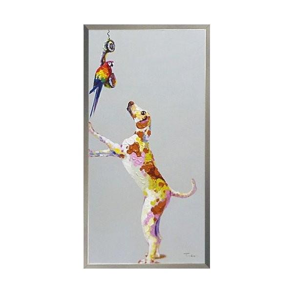 洋画 肉筆絵画 （ 油絵額縁付きで納品対応可 ） オイル 【左下】 ペイント アート「ドッグ＆パロット」