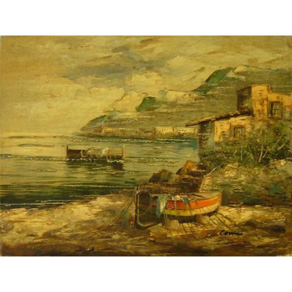 ヨーロッパ絵画 肉筆油絵 F6号 コルシニ作「ナポリの港」17＋新品額縁付