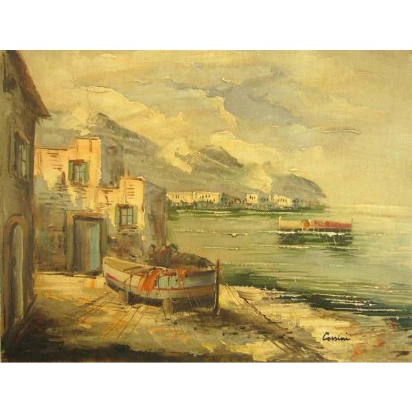 ヨーロッパ絵画 肉筆油絵 (額縁付きで納品対応可) サイズF6号 コルシニ作 「ナポリの港」｜touo