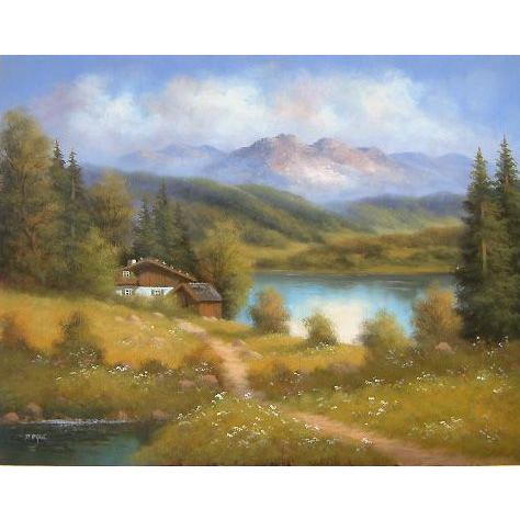 ヨーロッパ絵画 肉筆油絵 (額縁付きで納品対応可) サイズF6号 ポール作 「山小屋」