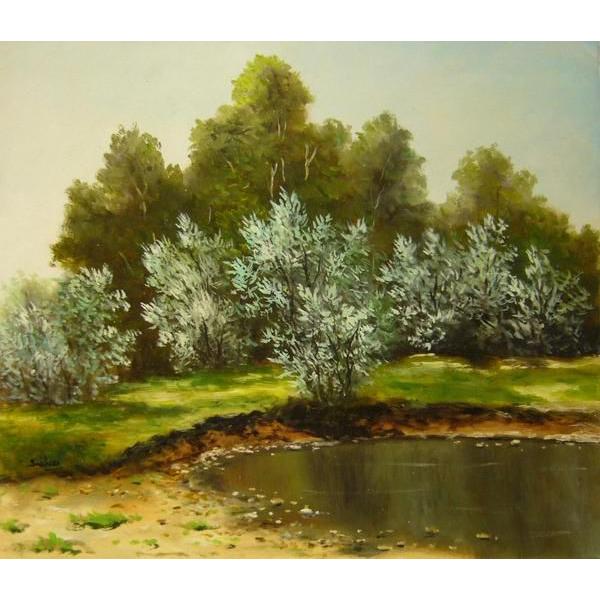 ヨーロッパ絵画 肉筆油絵 (額縁付きで納品対応可) サイズF10号サイズ サルトリ作 「池のほとり」